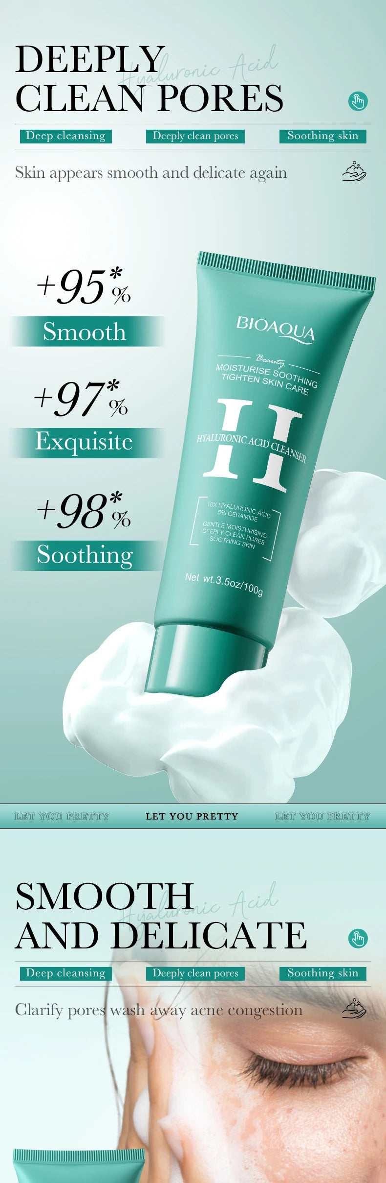 BIOAQUA Hyaluronic Acid Facial Cleanser Moisturizing Face Wash Foam Anti-aging Face Cleanser Facial Skin Care Products