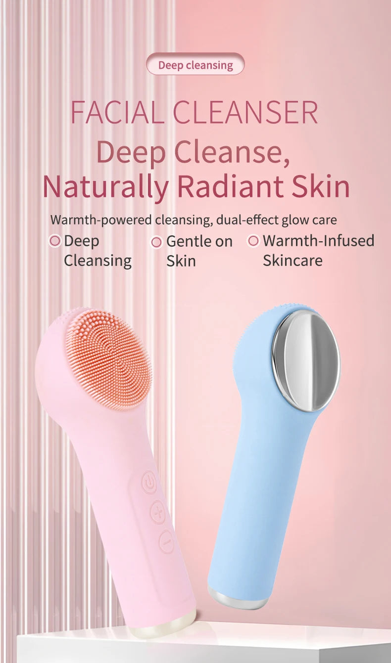 Electric Waterproof Silicone Facial Cleansing Brush, Deep Cleanse Makeup Remover Heating Massage Beauty Tool for Women