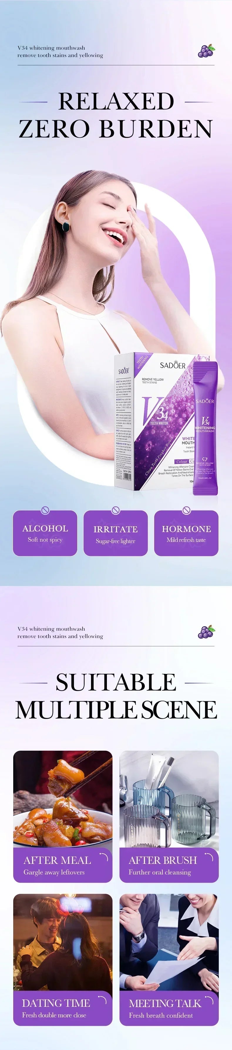 V34 Whitening Mouthwash Cleans Teeth Oral Travel Packet Individual Mouthwash for Oral Cleaning Tools Removel Teeth Stain 20Pcs