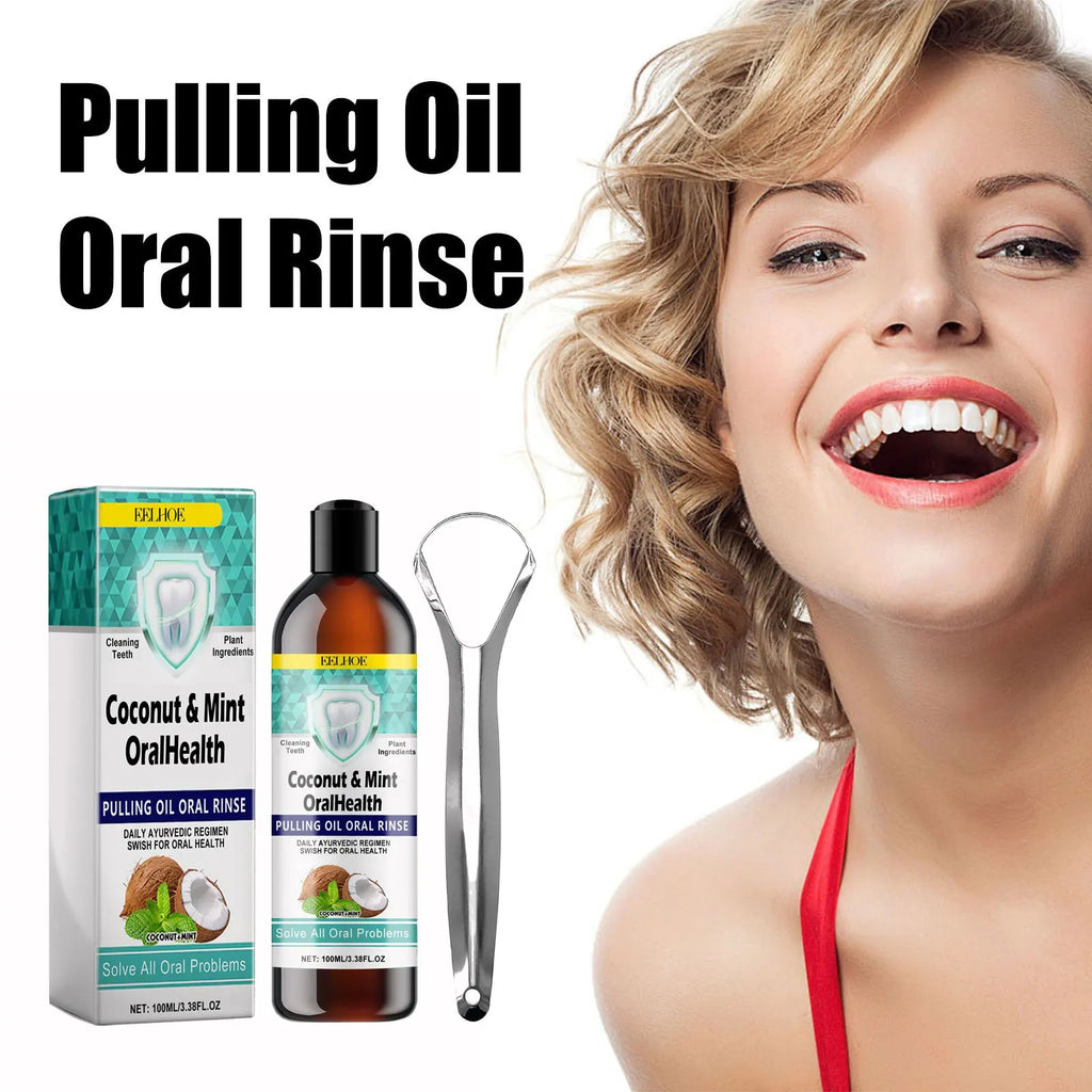 EELHOE Mint Coconut Oil Pulling Mouthwash Teeth Cleaning White Tooth Alcohol-Free Fresh Breath Oral Care Products Tongue Scraper