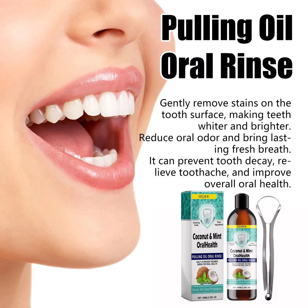 EELHOE Mint Coconut Oil Pulling Mouthwash Teeth Cleaning White Tooth Alcohol-Free Fresh Breath Oral Care Products Tongue Scraper