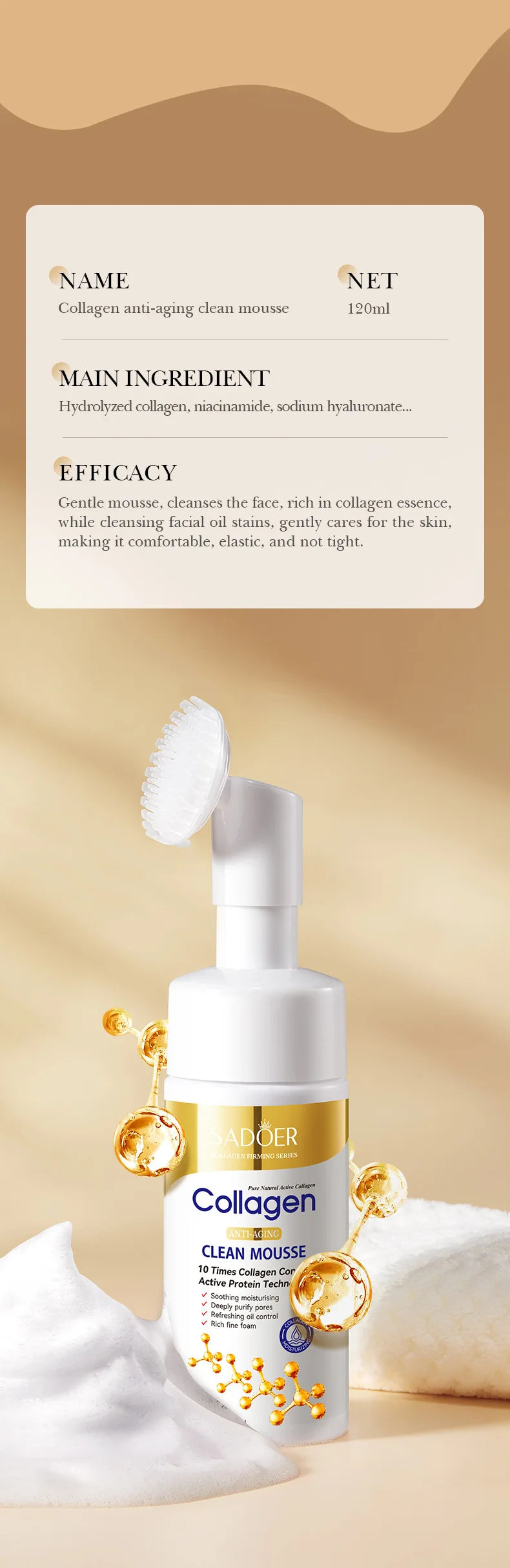 SADOER Collagen Facial Cleanser Mousse Deep Cleansing Skincare Moisturizing Firming Face Wash Foam Cleanser Skin Care Products