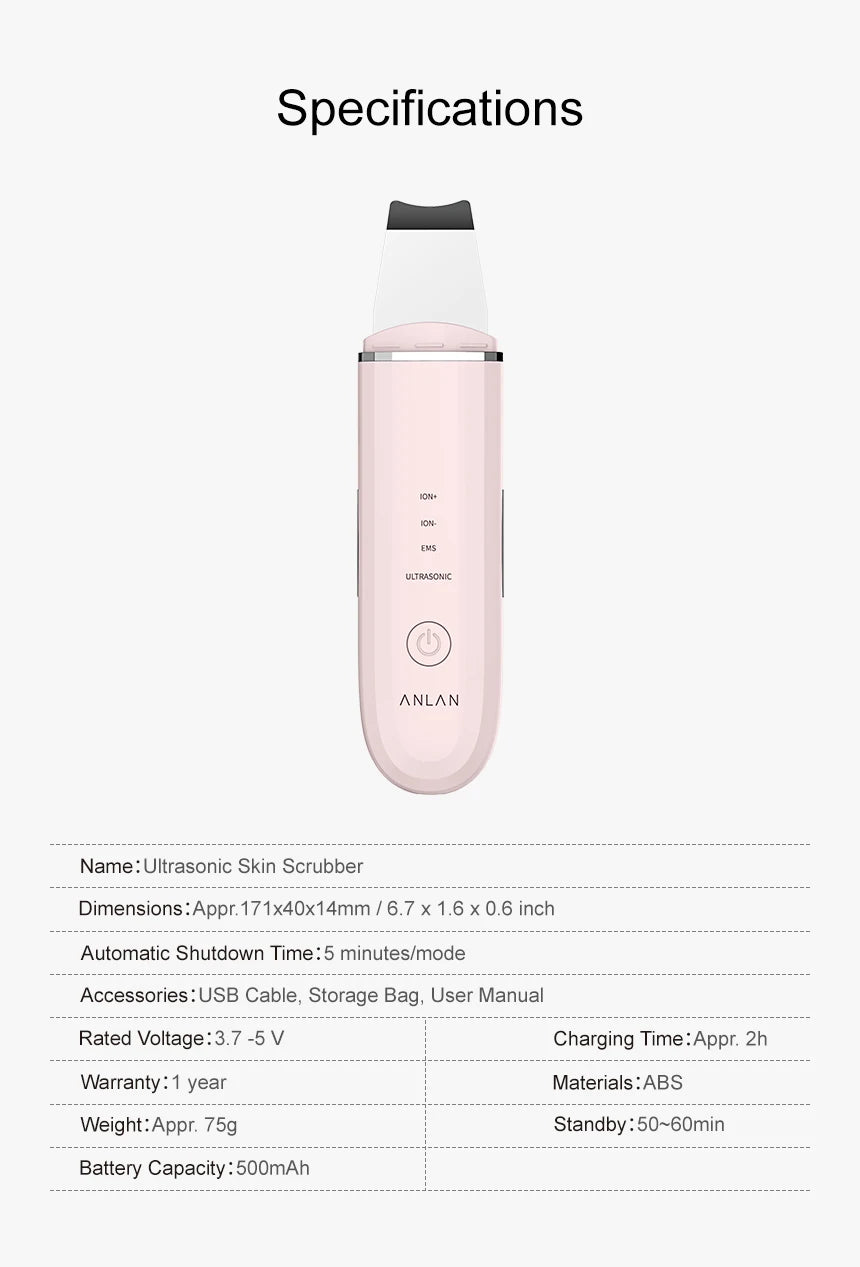 ANLAN Ultrasonic Skin Scrubber Deep Cleaning Peeling Shovel Limpiador Facial Skin Care Face Lifting Machine Ultrasonic Cleaner
