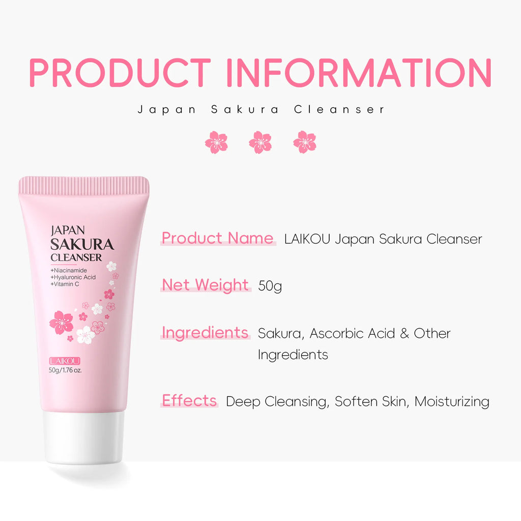 Laikou Sakura Whitening Facial Cleanser Foam Moisturizing Deep Remove Cleansing Acne Milk Oil Control Exfoliating Shrink Pores