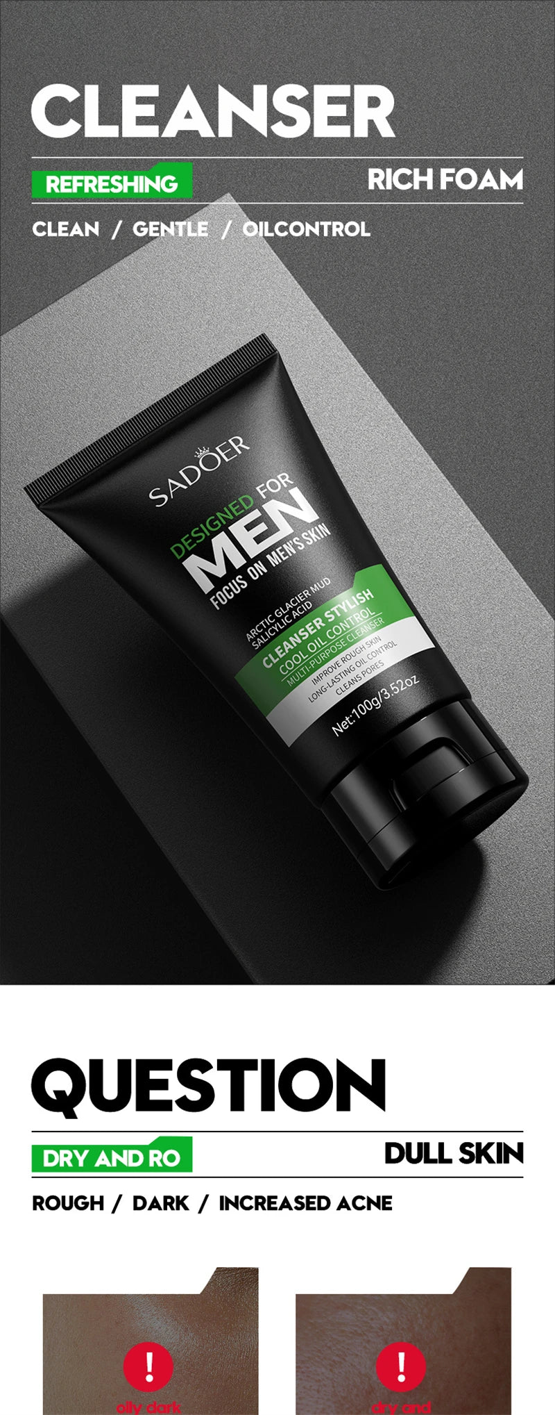 Deep Cleansing Men Facial Cleanser Oil Control Moisturizing Blackhead Remove Dark Spots Pores Acne Mark Refining Face Wash 100g