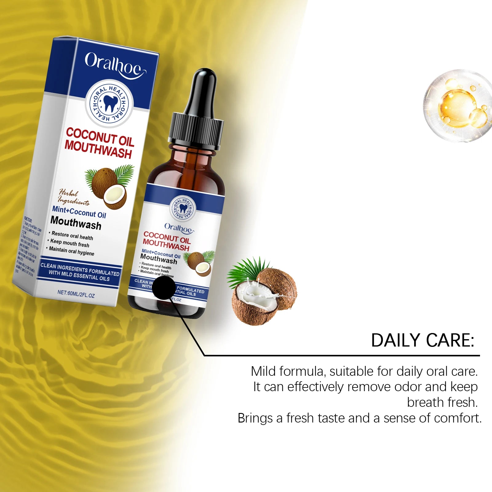 Coconut Oil Mouthwash Deep Cleans Removes Tooth Stains Plaque Protecting Oral Hygiene Refreshing Mouthwash for Dental Care 60ml