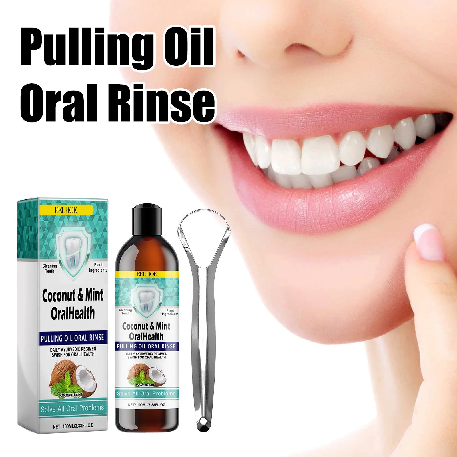 EELHOE Mint Coconut Oil Pulling Mouthwash Teeth Cleaning White Tooth Alcohol-Free Fresh Breath Oral Care Products Tongue Scraper