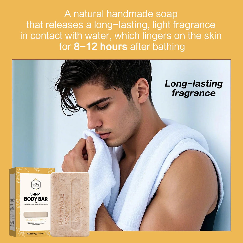 YILEST 140g 3-IN-1 Men's Body Bar-Exfoliating Moisturizing, Long-Lasting Fragrance Handmade Soap (Sandalwood/Lemon Citrus Scent)