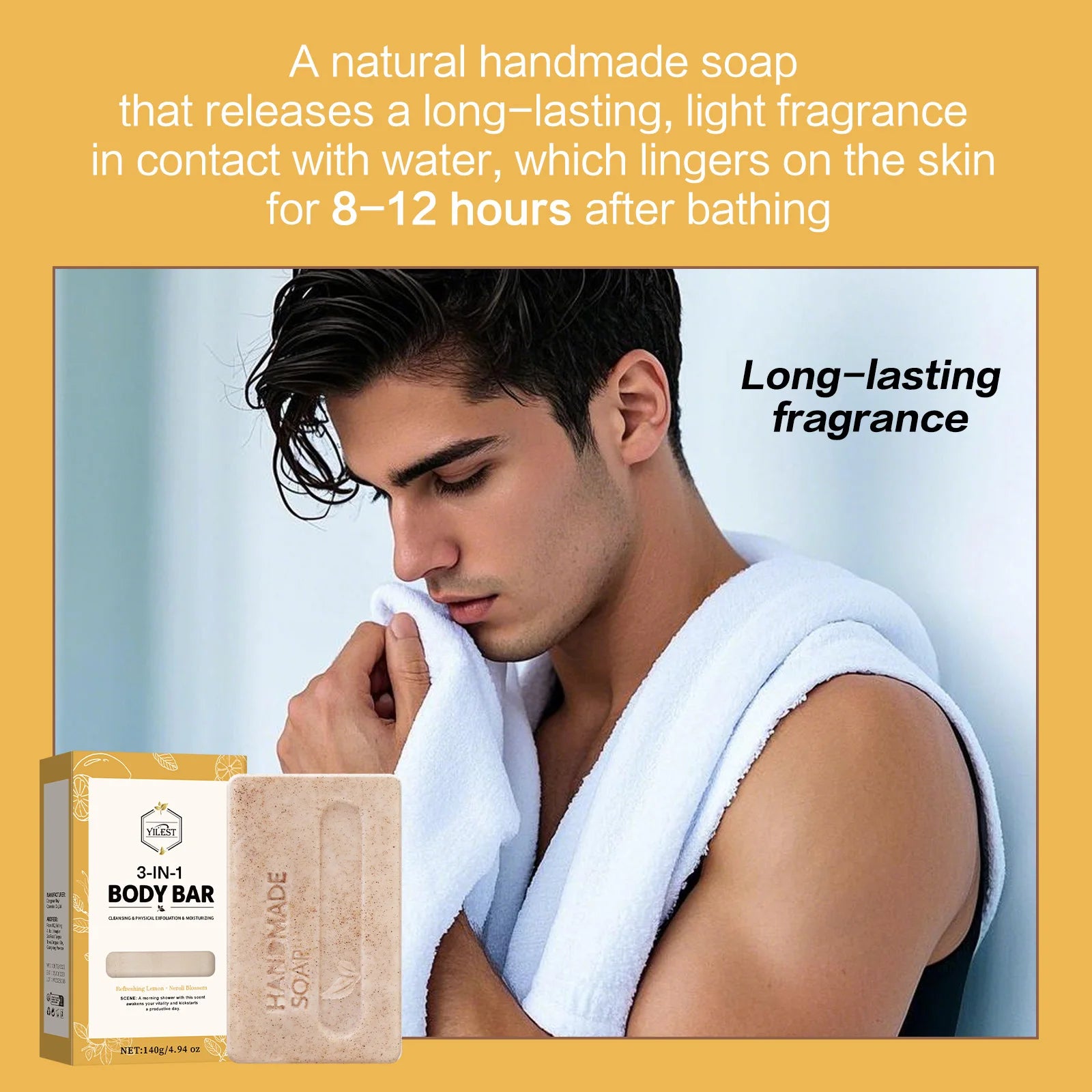 YILEST 140g 3-IN-1 Men's Body Bar-Exfoliating Moisturizing, Long-Lasting Fragrance Handmade Soap (Sandalwood/Lemon Citrus Scent)