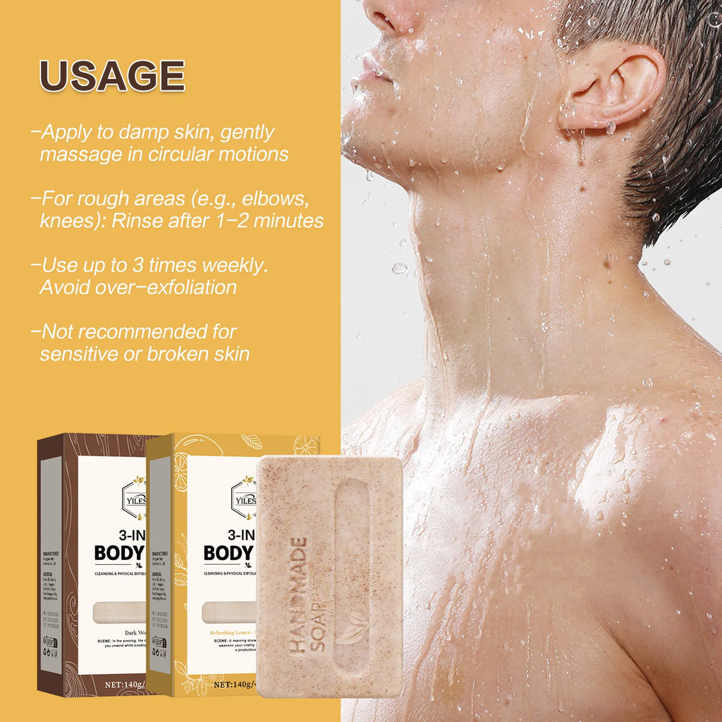 YILEST 140g 3-IN-1 Men's Body Bar-Exfoliating Moisturizing, Long-Lasting Fragrance Handmade Soap (Sandalwood/Lemon Citrus Scent)