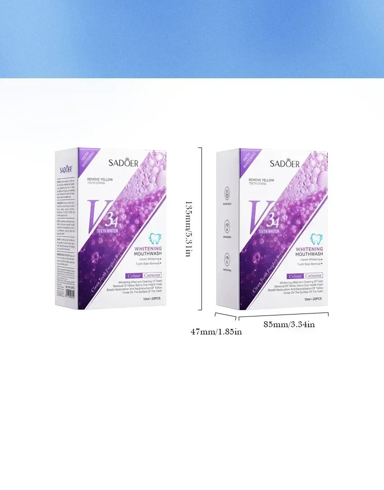 V34 Whitening Mouthwash Cleans Teeth Oral Travel Packet Individual Mouthwash for Oral Cleaning Tools Removel Teeth Stain 20Pcs
