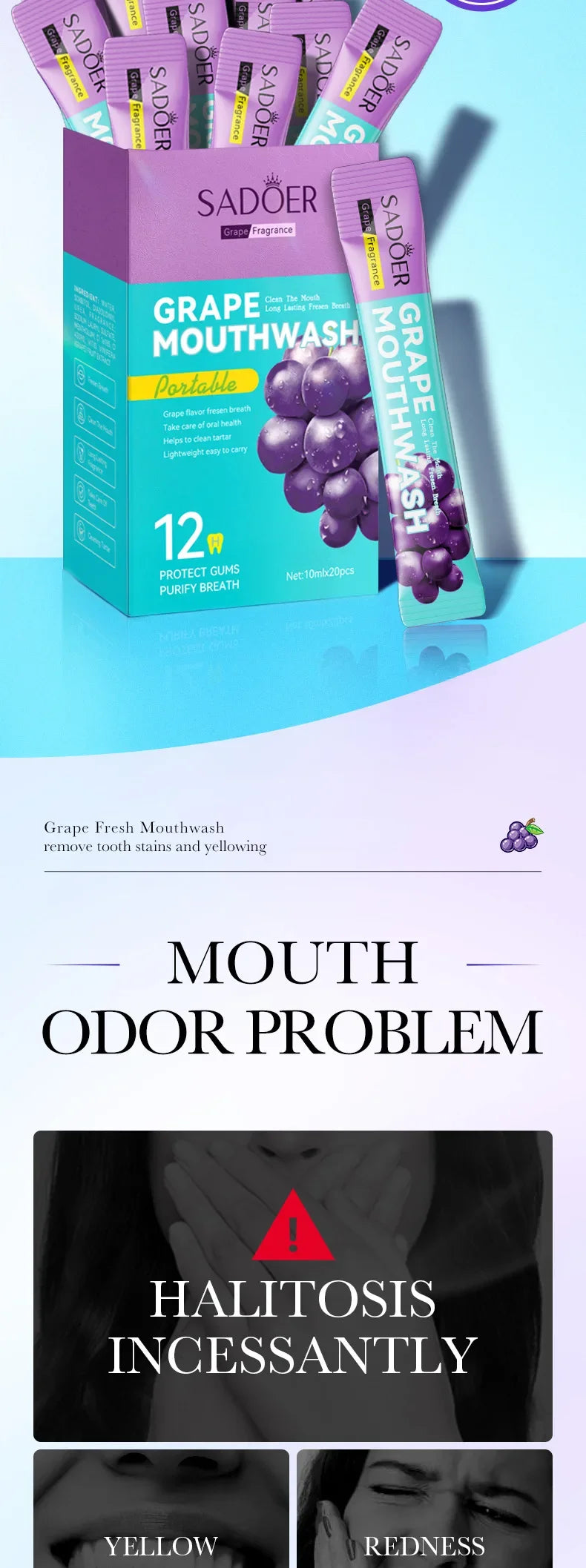20PCS Teeth Whitening Mouthwash Grape Flavor Scent Mouth Wash Portable Fresh Breath Teeth Stain Removel Mouthwash Oral Cleaning